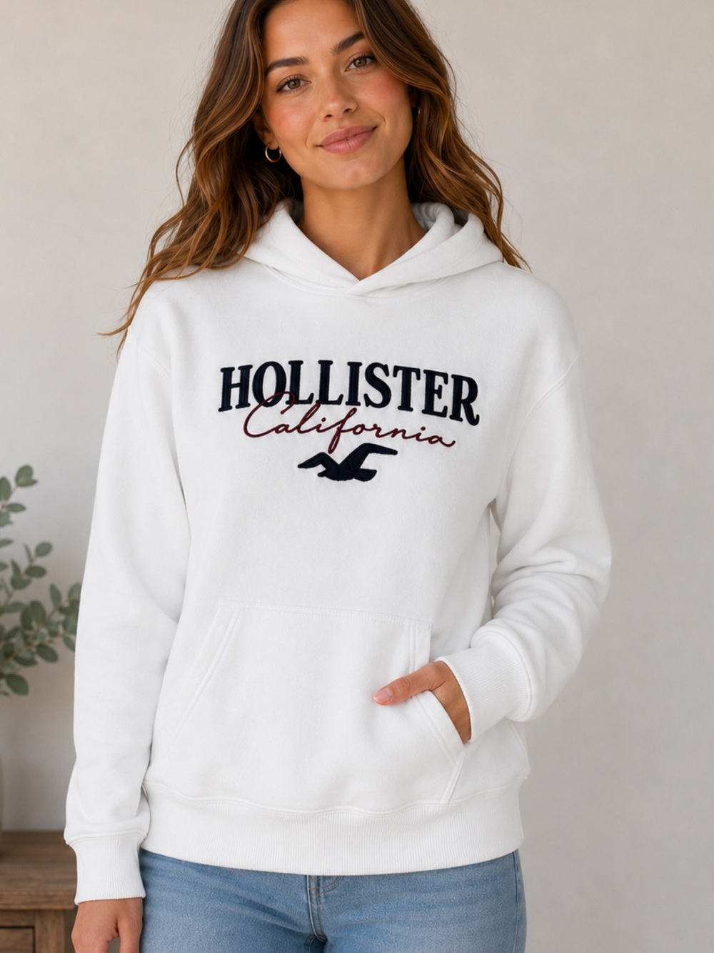 Hollister White Hoodie with Black and Maroon Logo